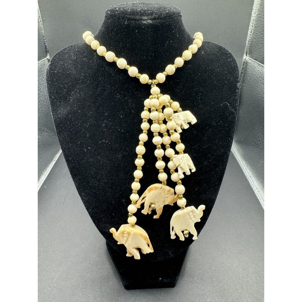 VTG 50s White Celluloid Carved Beaded Elephant Statement Necklace